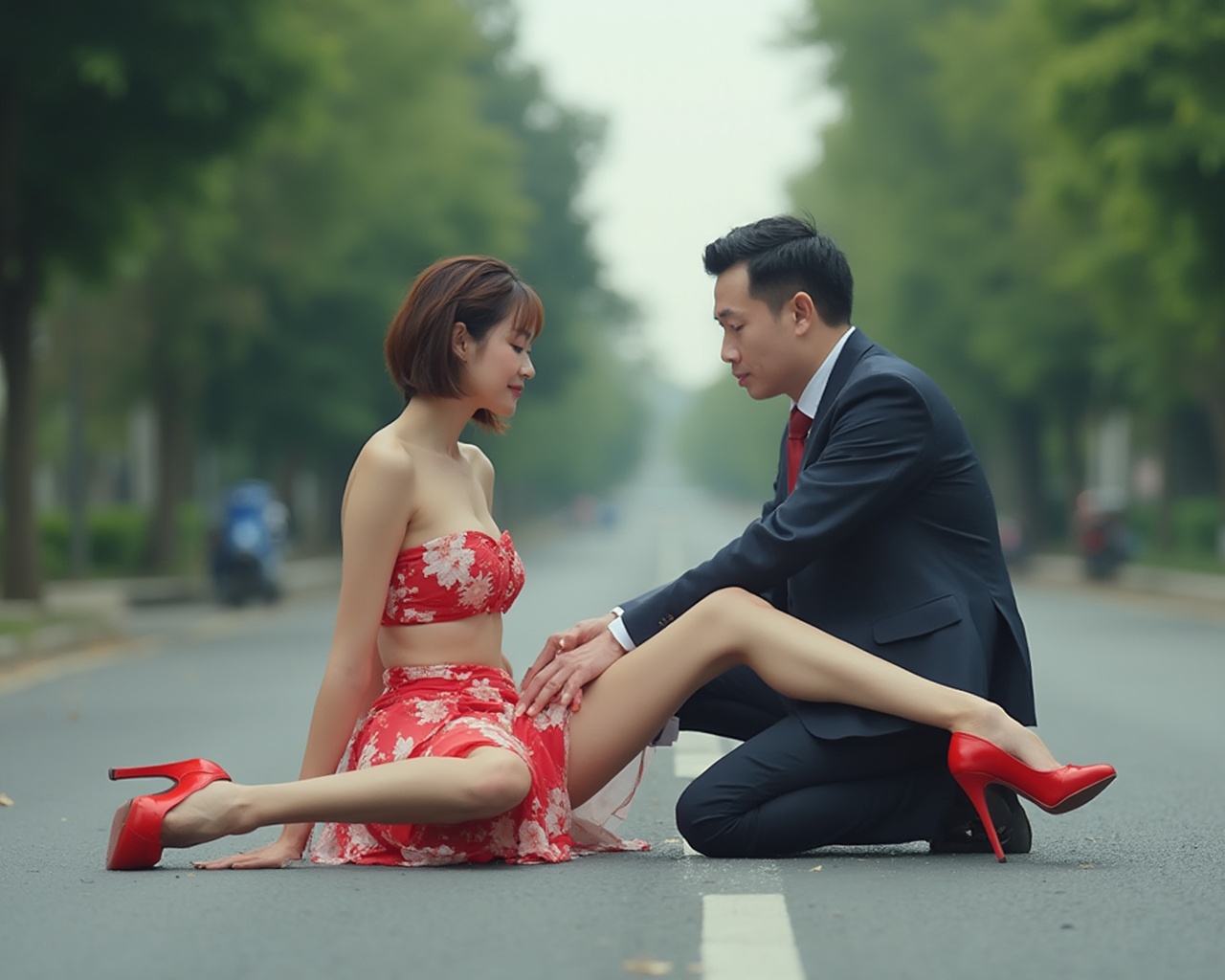 AI generated image by FLUX-Realism-Lora: A four-meter-tall Asian woman is sitting on the road with her legs stretched forward. She is wearing a red floral short skirt, short hair, and red high heels, revealing her cleavage. Next to her is a man who is about the same height as her, wearing a suit, and is stroking the woman's legs. The woman is enjoying it.