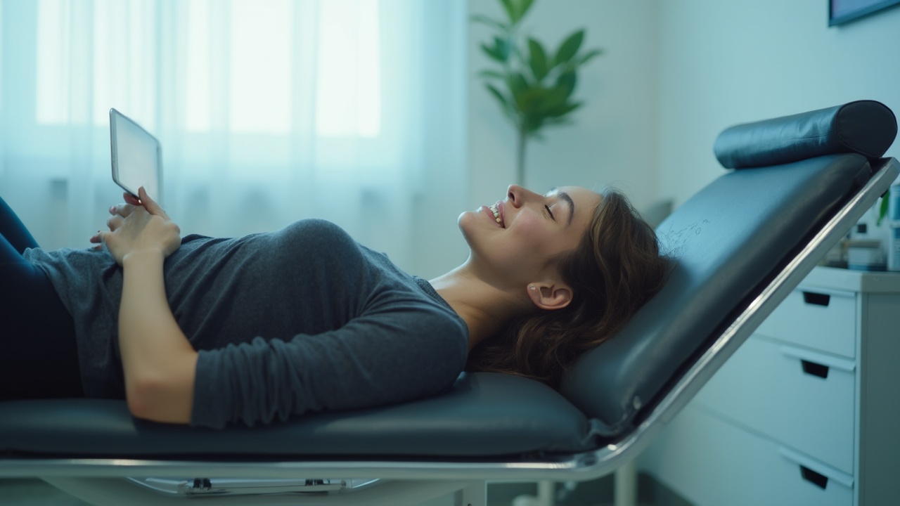 AI generated image by FLUX-Realism-Lora: photograph of a young woman with freckles and braces lying on her back in a doctor’s office, wearing black leggings, pale blue light filtering through a white window, metal examination chair, a tablet on the side, crisp textures, realistic lighting, 4K detail