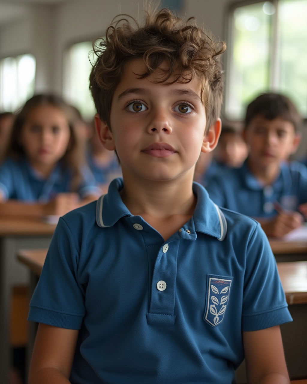 AI generated image by FLUX.1-pro: en el colegio, niños vestidos con una camiseta polo azul oscuro, que no muestre escudo ni marca, de inicial estudiando, que predominen los colores #1B66B0 y #F28C2E, que se vea el aula