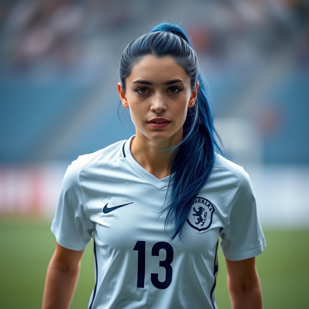 AI generated image by FLUX.1-schnell: A blue hair female soccer player with white jersey