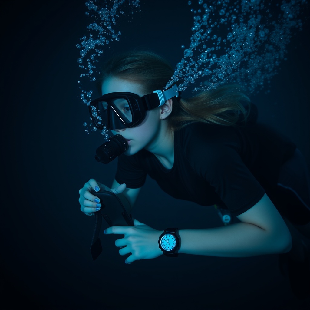 AI generated image by FLUX.1-schnell: A cinematic, night-vision, deepest darkest bluescaled photo of American actress Kiernan Shipka with hair down swimming while scuba diving wearing blacked out scuba diving goggles, scuba diving gear (buoyancy compensator with air hose and cylinder with carbon monoxide), a black raglan short-sleeved Neoprene wetsuit with neck seal and ignitor wetsuit shorts, a dive computer on her wrist and black scuba diving flippers on her feet breathing and blowing air bubbles through a regulator underwater (side face and body view)