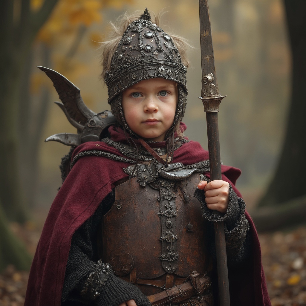 AI generated image by FLUX-Realism-Lora: a 3 year old boy dressed as a medieval warrior