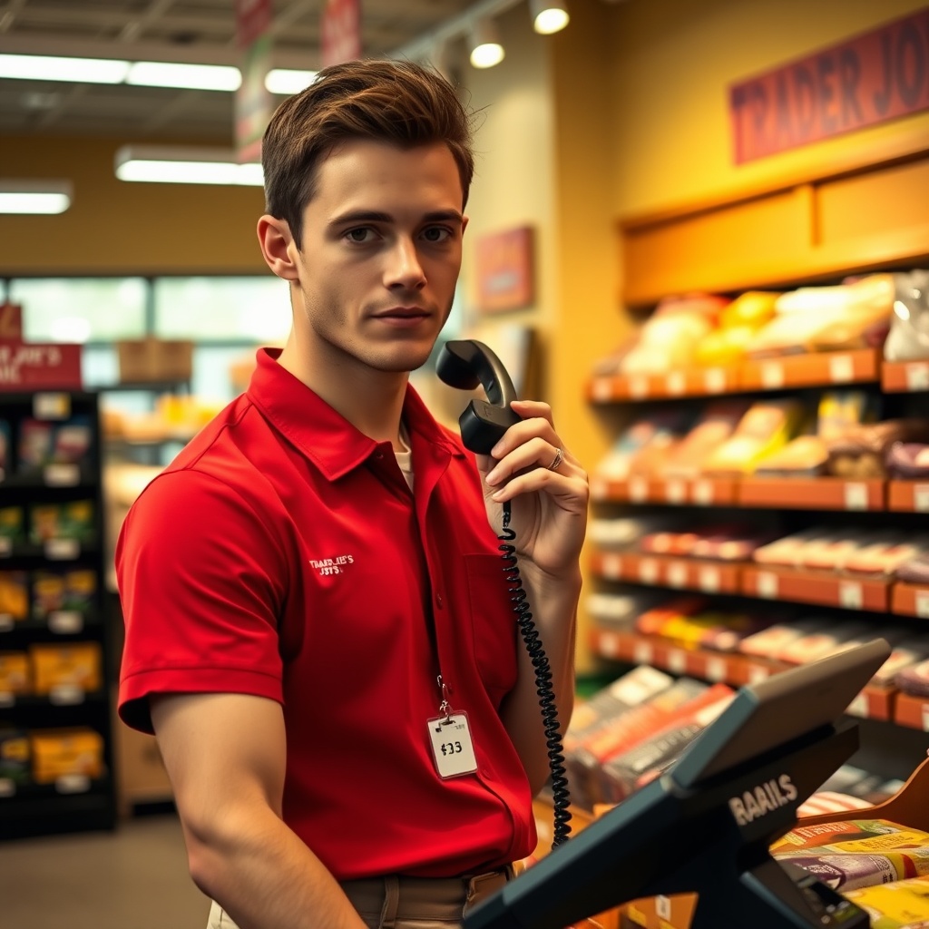 AI generated image by FLUX.1-schnell: A young man, Alex Ambrose, in his late 20s with short brown hair, a clean-shaven face, and a slim athletic build, wearing a red Trader Joe’s uniform with a name tag and khaki pants, answering a store phone at a checkout counter. The setting is a cozy Trader Joe’s store with neatly arranged shelves in the background, under warm evening lighting.
Camera Angle: Medium close-up, focusing on Alex.