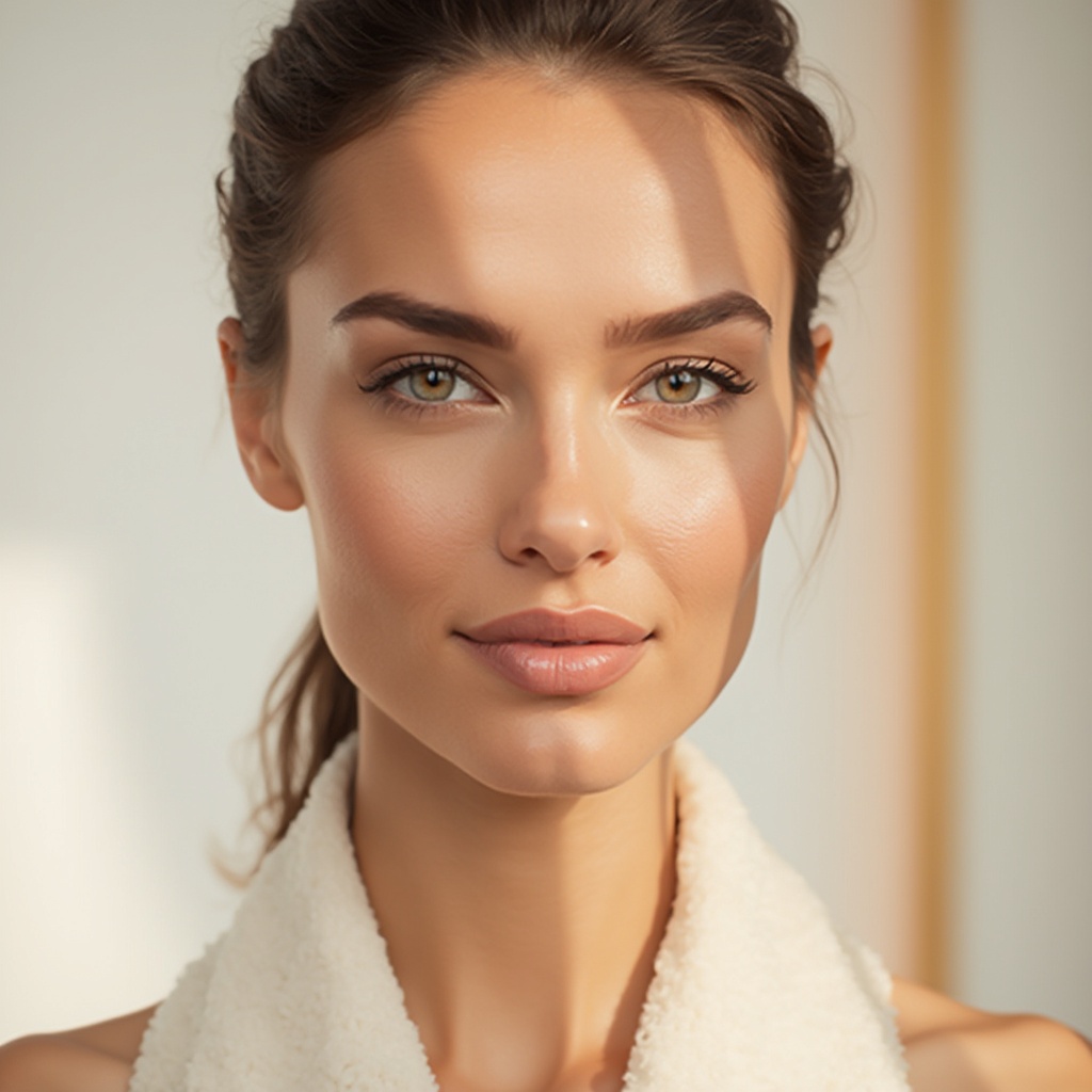 AI generated image by FLUX-Realism-Lora: "A close-up portrait of a woman with radiant, symmetrical skin, showcasing a perfectly sculpted facial profile enhanced by hyaluronic acid. Her face appears well-defined with lifted cheekbones, a contoured jawline, and a harmonious nose. The background is minimalist and elegant, featuring white and gold tones to evoke luxury and advanced aesthetics. Soft, professional lighting highlights the flawless skin texture. Her expression is serene and confident, conveying beauty and natural rejuvenation."