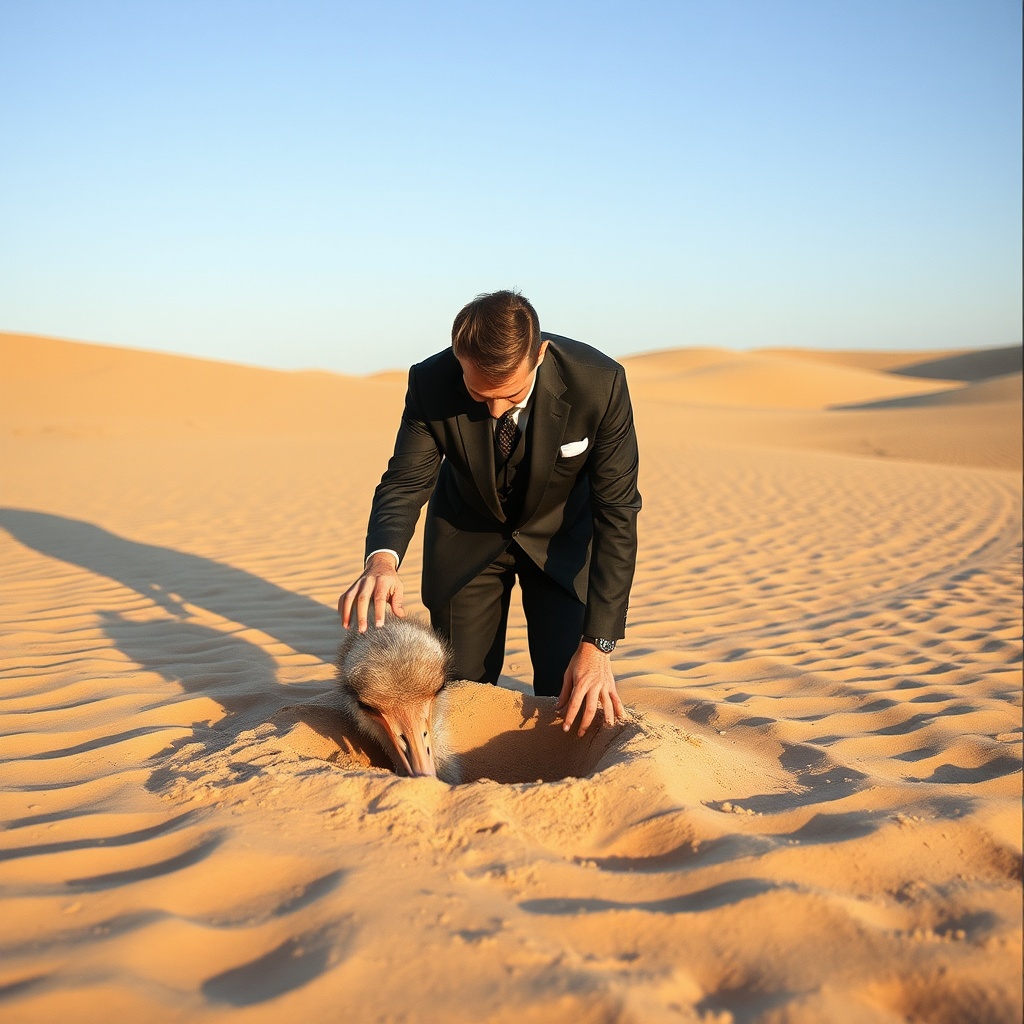AI generated image by FLUX.1-schnell: A man in a suit in a desert, burying his head in the sand like an ostrich