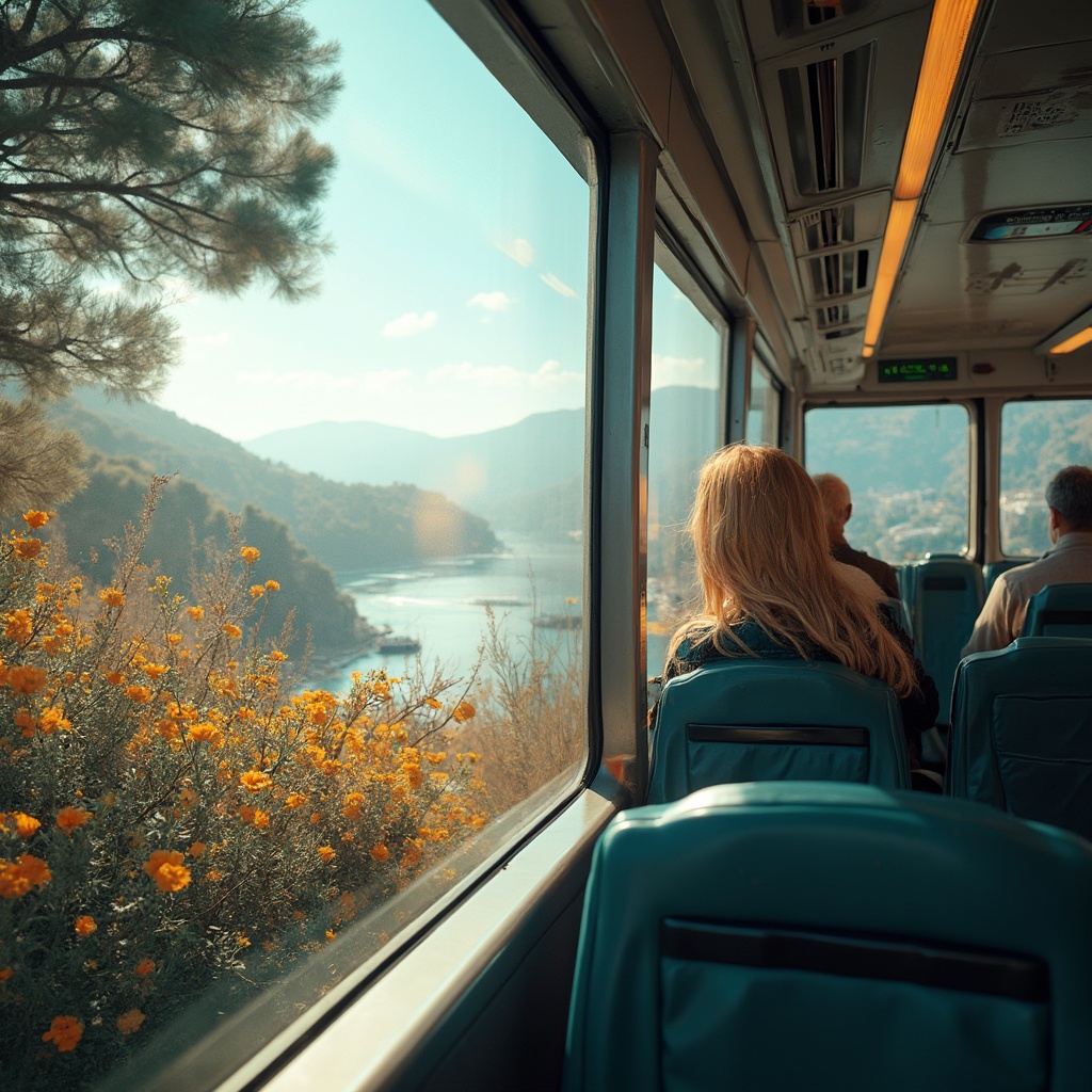 AI generated image by FLUX-Realism-Lora: Erstelle ein realistisches Bild mit Blick aus der rechten Seite aus einem modernen Reisebus an der italienischen Blumenriviera mit Menschen (Best Ager) im Bus