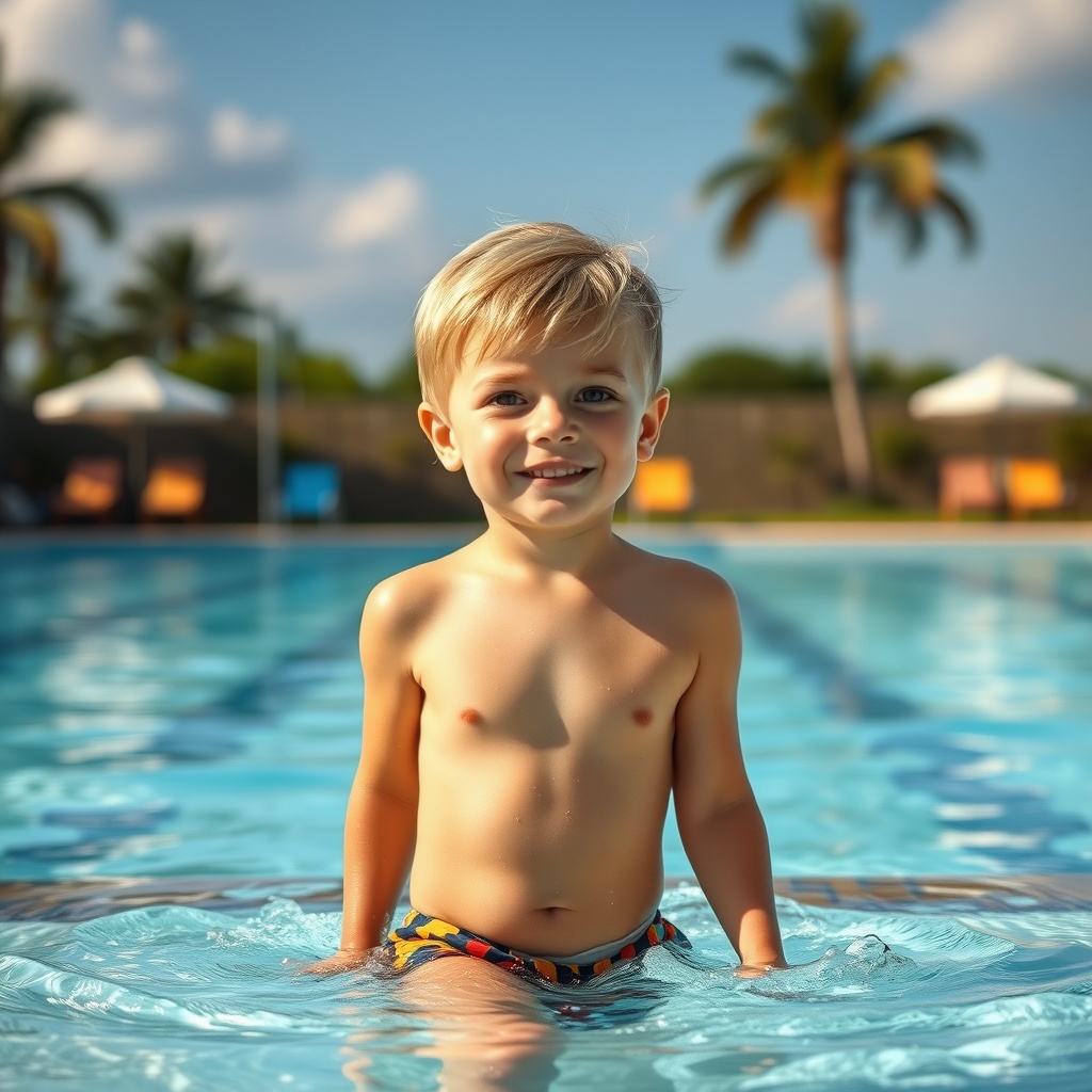 AI generated image by FLUX.1-schnell: 10 year old blond boy in a swimsuit coming out of the water at the pool