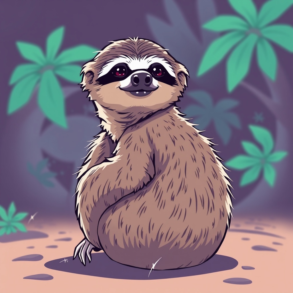 AI generated image by FLUX.1-schnell: A sloth sitting on his bum, facing forward toward camera, arm to the side. Borderland cel shaded style.