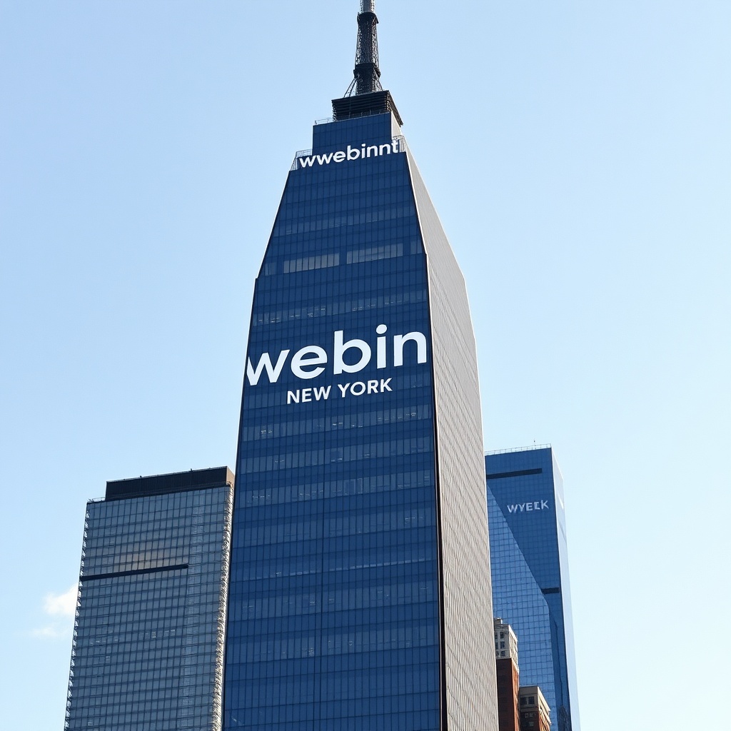 AI generated image by FLUX.1-schnell: j'aimerais que tu incrustes se logo de la société webinot (que tu peux reprendre sur www.webinot.fr) à la verticale sur une tour à new york, comme si c'était le nom de la tour