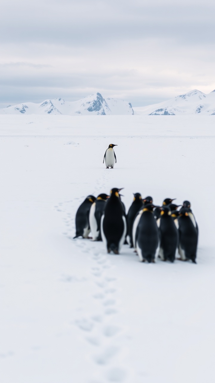 AI generated image by FLUX.1-schnell: A photograph depicting a stark Antarctic landscape. The primary subject is a single penguin, positioned in the upper-center of the frame, facing away from the viewer and walking. Its black and white plumage is clearly visible. Leading from the group to the single penguin are footprints in the snow, suggesting its path. In the foreground, a group of other penguins cluster together, out of focus. The setting is a vast expanse of white snow and ice, with mountainous formations in the background. The sky is overcast, with hints of blue. The overall atmosphere is cold and isolated. The composition emphasizes the contrast between the lone penguin and the group, set within a serene, frosty environment.