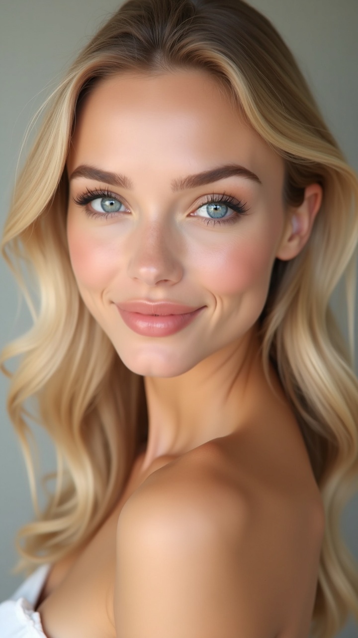 AI generated image by FLUX.1: Hyperrealistic head and shoulders portrait photograph of a beautiful blonde woman with model-like features, early 22s, bust shot, upper body framing, shoulders visible. FACE STRUCTURE: Elegant oval-shaped face with pronounced high cheekbones, refined bone structure, delicate feminine jawline. EYES: Large, wide-set, rounded almond-shaped eyes with striking blue-cerulean iris color, rich saturated tone between deep blue and bright azure. Hyper-detailed iris texture with visible crystalline patterns, natural eye moisture, realistic light reflections on cornea, subtle red capillaries in the sclera, natural catchlights. EYELASHES: Natural full lashes, visible individual lash strands, no heavy mascara look, naturally prominent and defined. NOSE: Straight refined nose with softly rounded tip, delicate nostrils, subtle skin texture visible on the nose bridge. LIPS: Medium-full lips with well-defined natural lip contour, soft pink natural color, visible subtle lip texture and fine vertical lines. EXPRESSION: Warm genuine smile showing natural crow's feet wrinkles near eyes, authentic laugh lines, eyes sparkling with kindness, approachable and memorable expression. SKIN: Flawless yet realistic skin with visible pores, subtle skin texture, natural micro-imperfections, visible fine vellus hair on face, subsurface scattering showing blood flow beneath skin, realistic capillaries, natural skin tone variations, no airbrushed plastic look. HAIR: Voluminous lush blonde hair, luxurious flowing waves, individual hair strands visible, natural flyaway baby hairs, realistic hair shine and highlights, strand-level detail. SHOULDERS AND NECK: Graceful neck, natural collarbone definition, elegant posture, soft skin texture on décolletage area. TECHNICAL: 8K UHD resolution, RAW photograph, shot on Hasselblad H6D-400c, 100mm lens, f/2.0 aperture, soft natural diffused lighting, shallow depth of field, studio portrait, clean neutral background, magazine editorial quality, photorealistic, lifelike, head and shoulders composition. --no illustration, painting, digital art, CGI, cartoon, anime, plastic skin, airbrushed, overly smooth skin, doll-like, artificial, heavy makeup, fake lashes, full body, waist visible