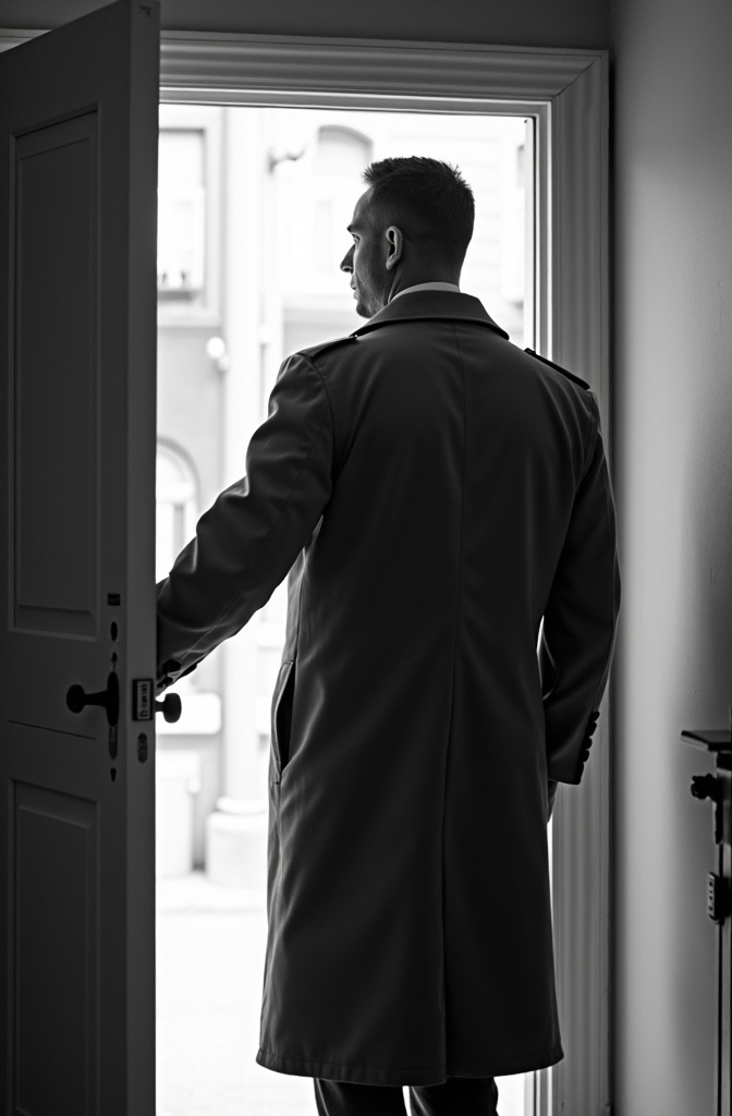 AI generated image by FLUX.1-image-to-image: black-and-white photo with the broad-shouldered silhouette of a man in a trench coat standing in a doorway coming in.
The man holding the door handle, as if he just entered the room.