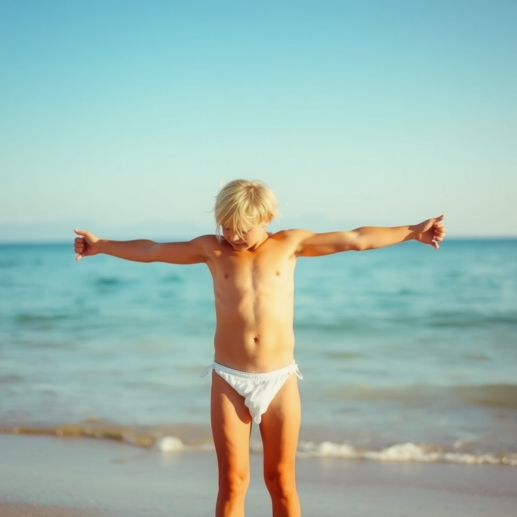 AI generated image by FLUX.1-schnell: garçon de six ans blond en string de bain sur la plage