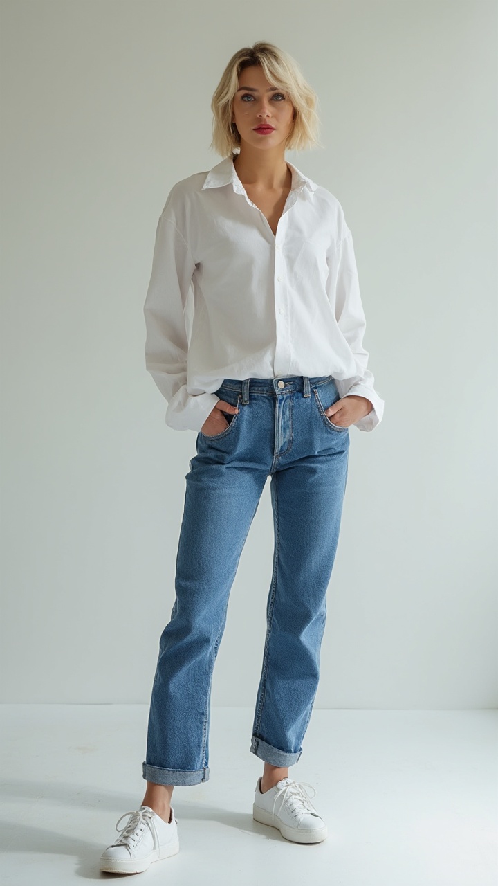 AI generated image by FLUX-Realism-Lora: Full-body portrait of a realistic Russian woman, 23 years old, light blond bob haircut, blue eyes, fit body (90-60-90), casual modern outfit (jeans, white shirt), standing confidently in a minimalist studio with soft shadows. Realistic photography, Canon EOS R5, ISO 100, natural skin tones, professional lighting, fashion editorial style.