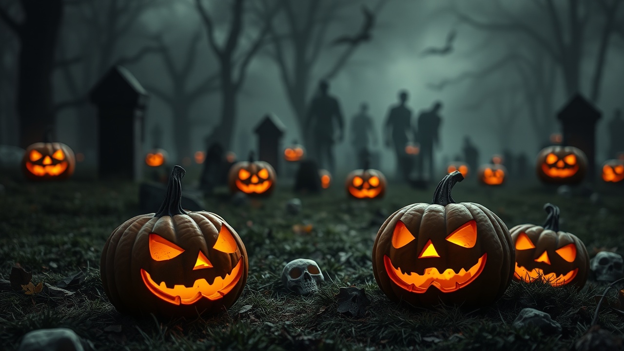 AI generated image by FLUX.1-schnell: Creepy Jack O' Lanterns sitting in a graveyard. Zombies in the distant background walking around. Make it gloomy, misty, dark. Scary. Add the words "Events that took place on Halloween"