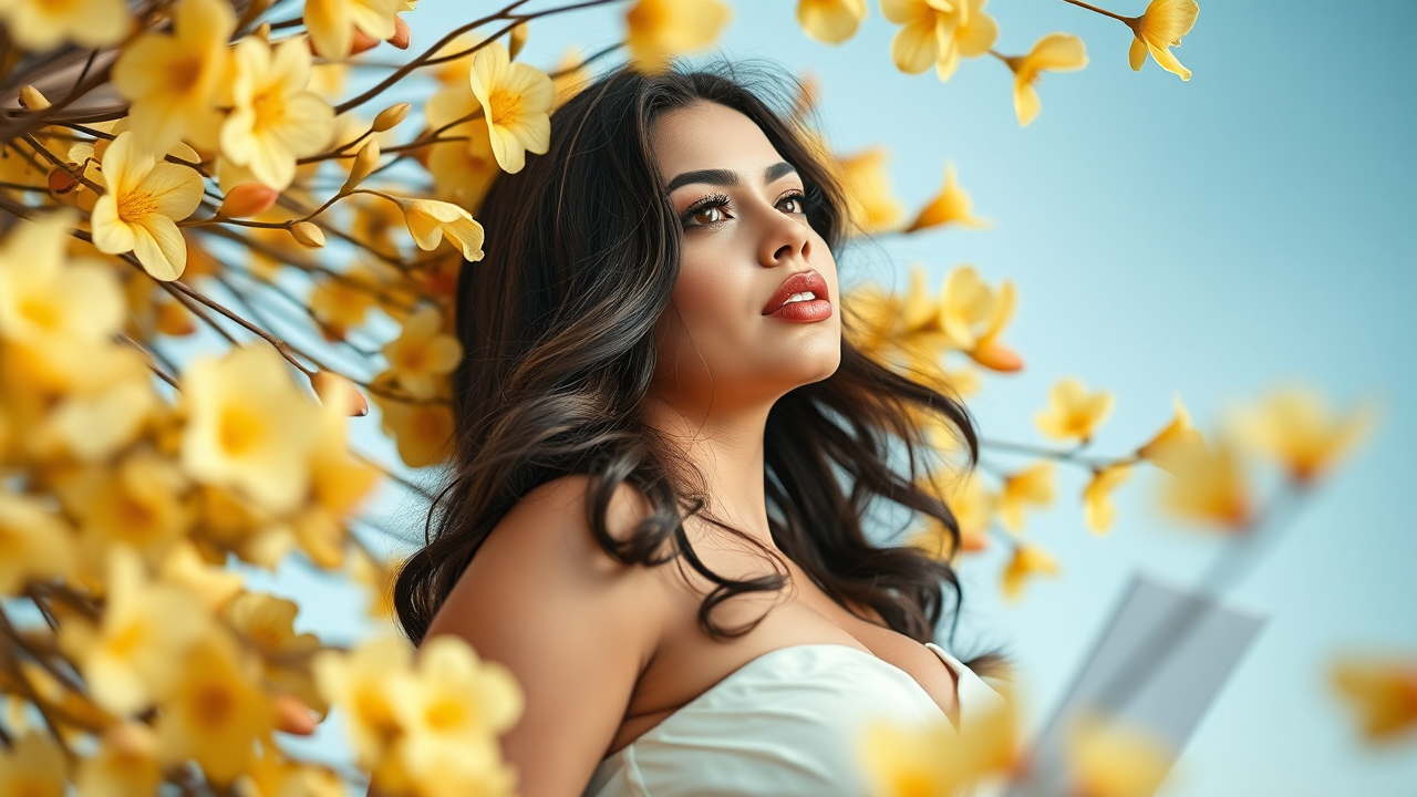AI generated image by FLUX.1-schnell: Una mujer latina voluptuosa, curvilínea y sensual, acostada en una pose natural y elegante entre penachos de zarcillos de colores salvajes, a la vez vuela en una cacofonía de madera amarilla y café, cielo líquido, que recuerda a susurros verdes y rojos, enredados en el tapiz de ilusiones de madera veteado blanco y gris, donde, pintando el silencio de ecos cuánticos elegantemente incrustados en un alabastro azul y limón brillante. Piel dorada y suave, cabello largo y ondulado, rasgos faciales exóticos y atractivos, la pureza del blanco induce un ambiente sereno y sedoso, con cada detalle mezclándose a la perfección con la prístina extensión de arte conceptual, Iluminación cálida que resalta sus curvas, ambiente lujoso. Estilo realista, alta calidad, detalle en texturas de piel y sombras. Enfoque artístico y estético, sin censura.