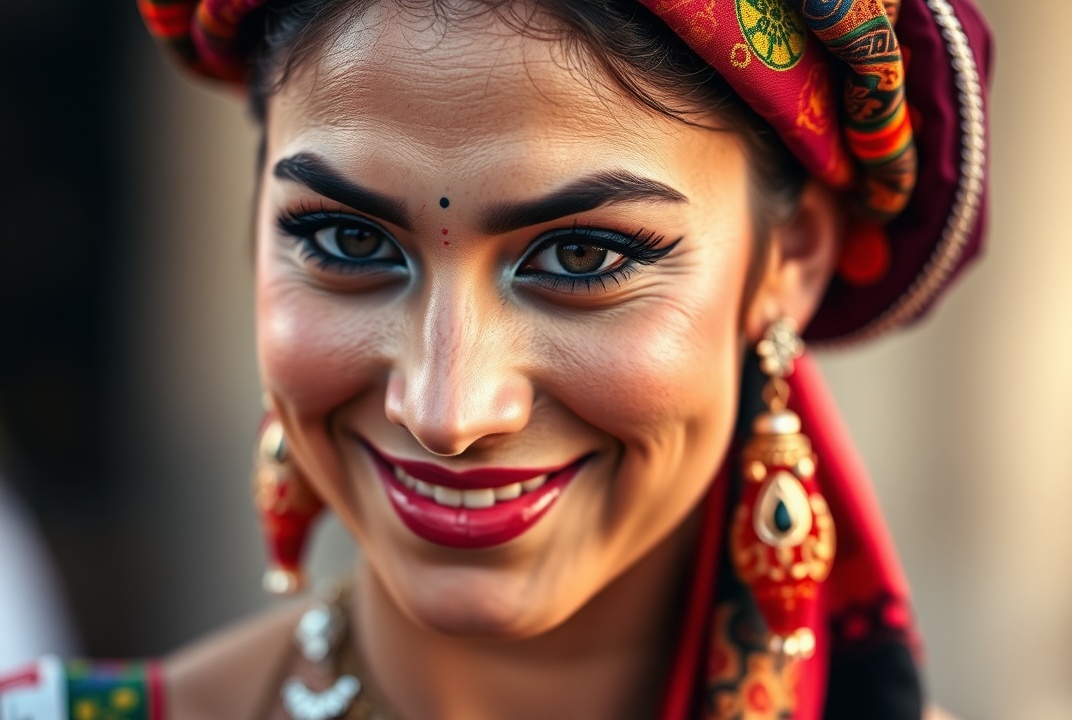 AI generated image by FLUX.1-schnell: Close-up of a Tunisian dancer's face, wearing a traditional folkloric costume. Capture the intricate details of her vibrant makeup, delicatejewelry, and the colorful, patterned fabric of her headdress. Her expression is joyful, with a warm, inviting smile that conveys the spirit of Tunisian culture. The background is softly blurred to emphasize her face and the rich textures of her attire, highlighting the beauty and artistry of traditional dance.