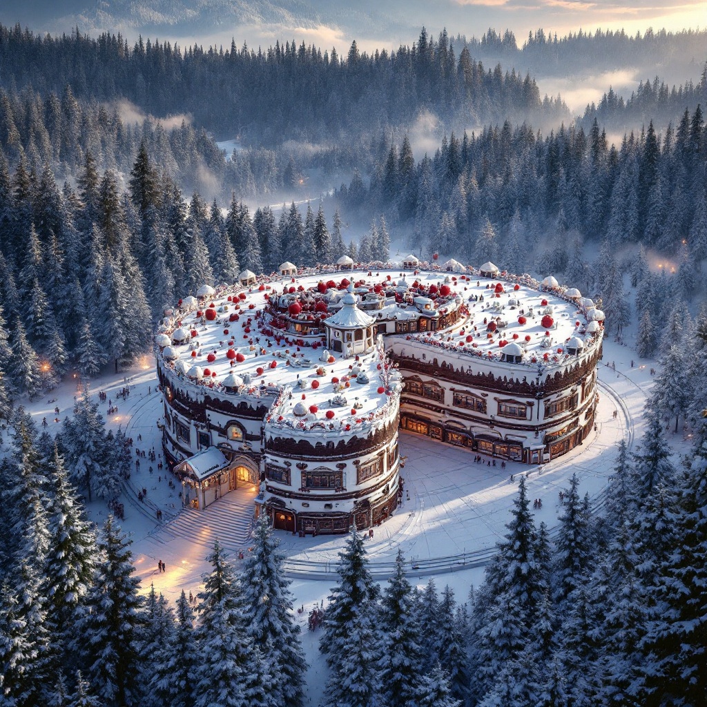 AI generated image by FLUX.1-pro: The world's largest black forest cake, the size of a building, surrounded by trees of the black forest