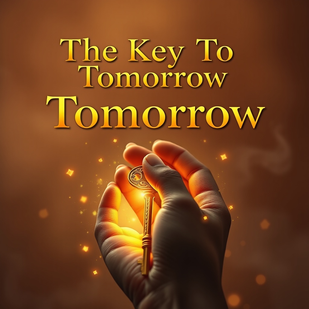 AI generated image by FLUX.1-schnell: A hand, holding a golden key, glowing with a warm, golden light. The key is ornate, with intricate carvings and details. The title "The Key To Tomorrow" is displayed above the hand, in a large, gold, stylized font. The backdrop is a soft, muted brown and orange color palette, reminiscent of sunrise/sunset. There is a haze of light smoke or mist in the background, and shimmering, glowing particles, like tiny golden stars, are scattered around the key, indicating movement and magic. The image is hyperrealistic with a slightly impressionistic quality in the soft bokeh effect around the light particles. Focus is on the key and hand, and background fades slightly out of focus, making the key and hand prominent.