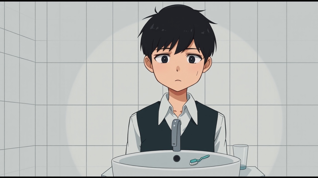 AI generated image by FLUX.1-schnell: Omocat artstyle, The image depicts a young person standing in front of a bathroom sink, their expression somber. Their dark hair is neatly styled, and they are dressed in a white shirt with a dark vest. The tiled walls behind them are plain and featureless, creating a sense of isolation. The only other elements in the scene are a toothbrush and a glass on the counter, suggesting a routine that the individual may find difficult to engage in. The overall mood of the image is melancholic, hinting at a sense of loneliness or sadness. The subdued colors and minimalist composition further contribute to the somber atmosphere. The image leaves room for interpretation, inviting viewers to consider the inner thoughts and feelings of the subject.