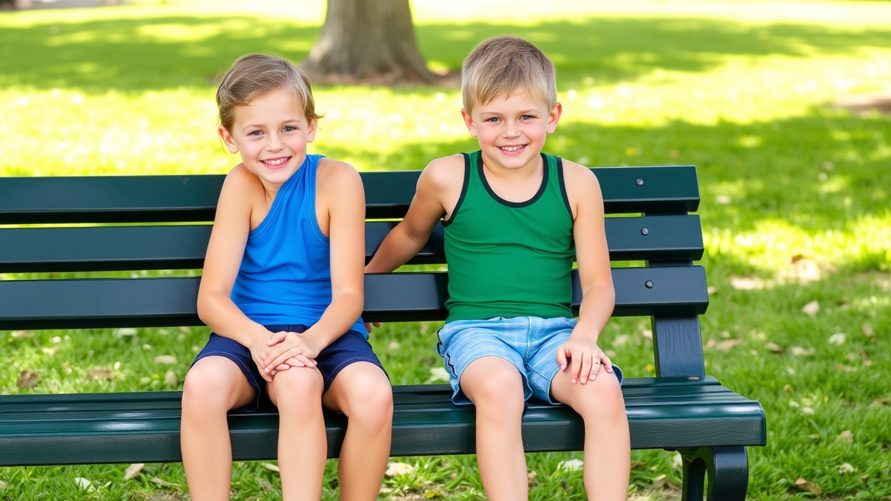 AI generated image by FLUX.1-schnell: Two tween boys sitting on a bench, wearing tank tops and swimsuits