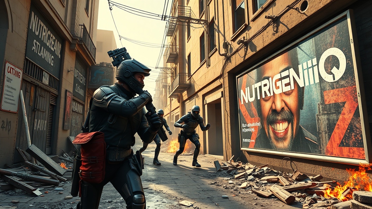 AI generated image by FLUX.1-schnell: A vibrant, eye-catching ad with elements of a futuristic war game, designed to captivate geeks and young adults. It features a member of the human resistance fighting through a ruined street against aggressive terminators. On one wall, the advertisement for "NutrigeniQ", a futuristic vitamins, the environment is a zone of intense combat between man and machine, in the spirit of Terminator. Subtle references to the Terminator movie are incorporated, appealing to geek culture and the gaming community, intense action scene