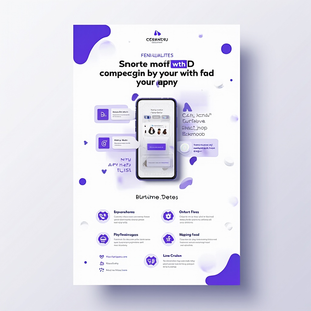 AI generated image by FLUX-Realism-Lora: Design a high-quality flyer with a white background and abstract shapes in purple and blue tones. Include a phone mockup displaying an app interface, surrounded by modern, clean sections for text that explain the app’s functionality, features, and benefits. Use elegant icons, and keep the layout visually engaging and professional with modern fonts and plenty of white space to ensure readability. Make the flyer visually appealing and maintain the app’s branding prominently.