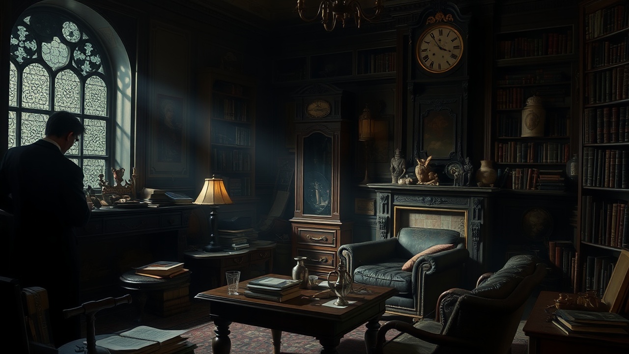 AI generated image by FLUX.1-schnell: A dimly lit Victorian study, cluttered with old books and artifacts, with a broken grandfather clock in the background and shadowy figures in the corners.