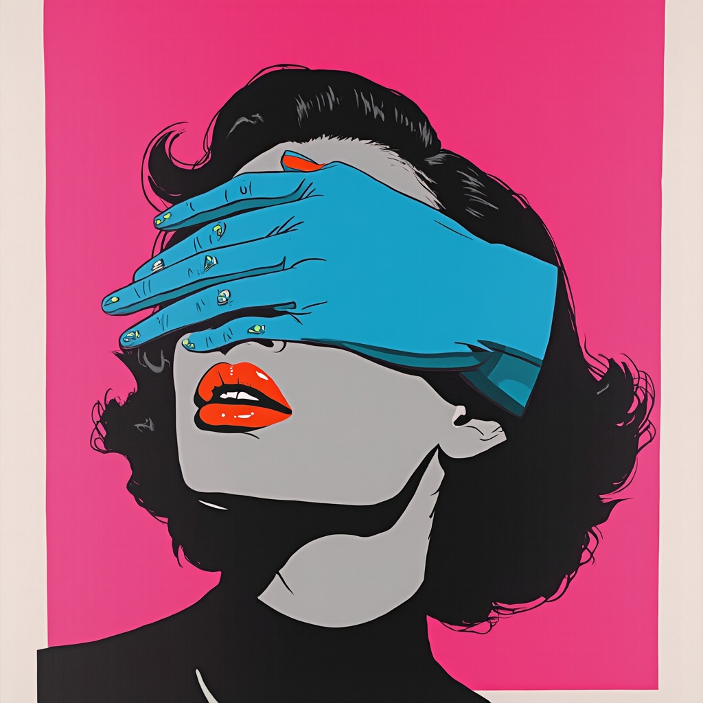 AI generated image by FLUX-Realism-Lora: Bright pop‑art illustration: a vertical poster with a huge flat bright magenta‑pink background, most of the frame is empty space at the top. In the lower part of the image, a close‑up of a retro woman’s head in monochrome grey and black tones, with smooth flat shading and minimal detail, like vector graphics. A large stylized saturated blue hand runs diagonally across her eyes from right to left, completely covering them. Fingertips have bright orange nail polish with small green accents. Background is plain, with no texture or extra objects. Minimalist poster‑style pop art, clean lines and high contrast lighting