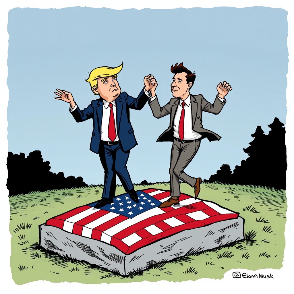 AI generated image by FLUX.1-schnell: Show me a newspaper cartoon of both Donald Trump and Elon Musk who are dancing on a grave with the flag of the United States on it.