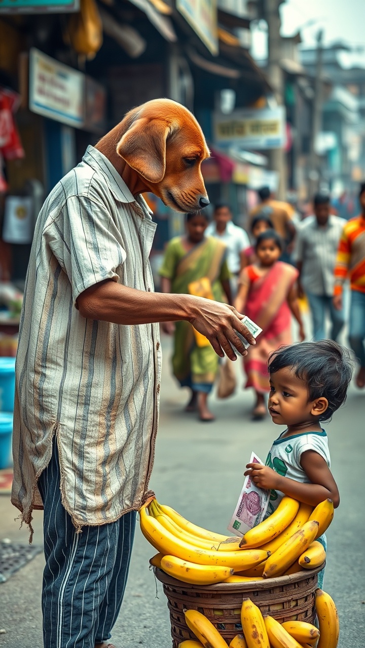 AI generated image by FLUX.1-schnell: "A brown puppy wearing an old, dirty, and torn white striped shirt and black striped pants is selling bananas on a busy Indian street. He is handing a banana to a young child, while the child is giving him an Indian currency note in return. The brown puppy looks humble and focused, standing next to a small basket or stall of bananas. The background shows a typical Indian market or street scene with people walking, local shops, and signs — no background blur. The entire environment is clear, colorful, emotional, ultra-realistic, cinematic, and in 16K resolution, capturing the contrast between poverty and dignity."