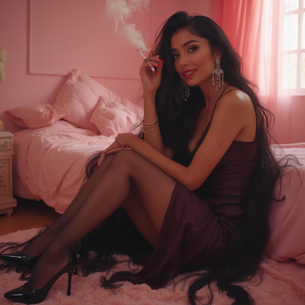 AI generated image by FLUX-Realism-Lora: A petite, slim, pretty middle aged woman smoking, smiling like a Rapunzel, reminiscent of Gita Basra, with beautiful, very thick, voluminous black hair that reaches to the floor and lies on the floor. A full-length shot of a girl styled as a modern Rapunzel in a pink bedroom, exhaling smoke from a thin cigarette. She has wide hips and is wearing a luxurious short silk dress with a long flowing silk skirt that emphasizes her curvy figure and large breasts. Wearing shiny black shoes with extremely high 16 cm sharp heels, her legs are elegantly displayed in rust-colored black nylon tights. Her ultra-long beige hair, longer than Rapunzel's, spills onto the floor and bed. She has very sharp long red stiletto nails, large red lips with a bright shine and glitter, and long dangling earrings that reach her shoulders. The overall atmosphere captures a blend of elegance and boldness, infused with a dreamy pink aesthetic in the room. #00000005:0.8 #ij4klm5nop:0.24 #ab1cde2fgh:0.24 #b3i4x6u014:0.24
