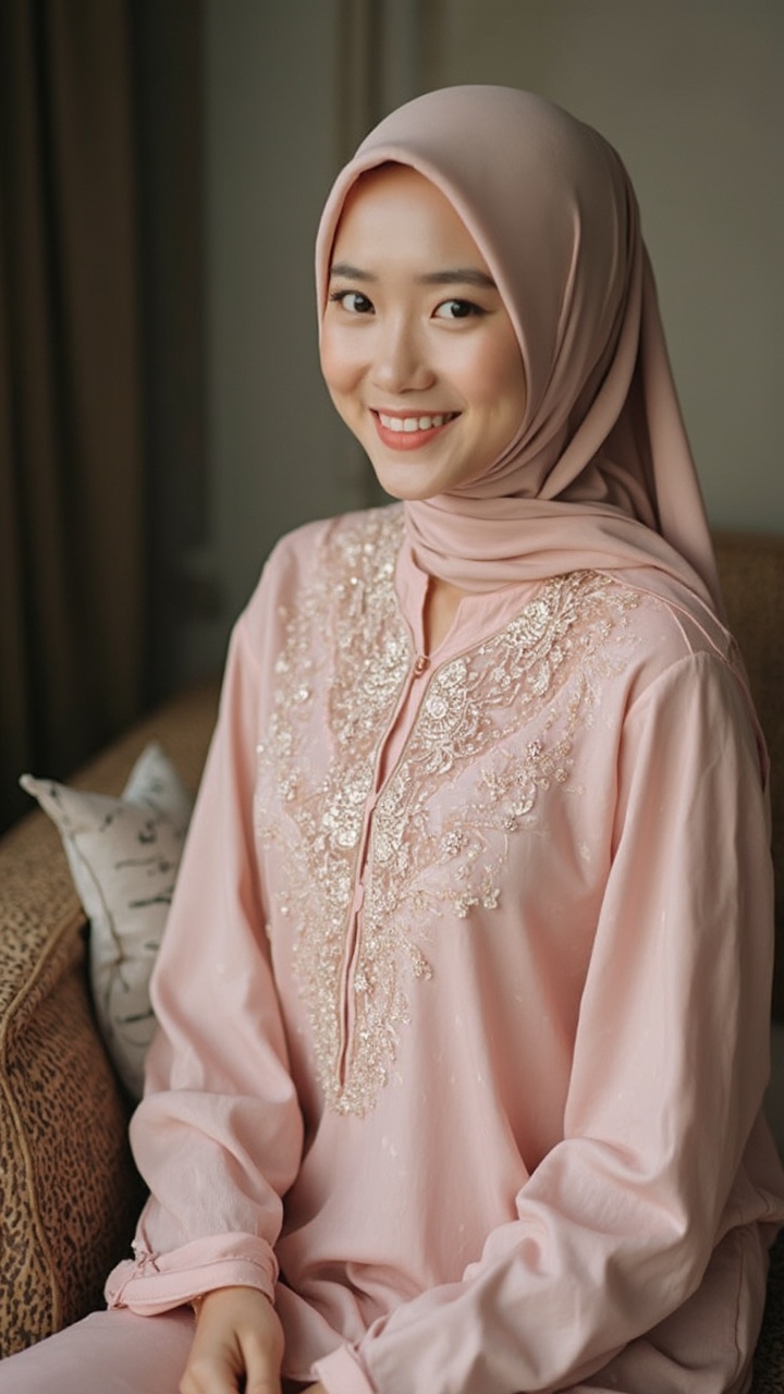 AI generated image by FLUX-Realism-Lora: A pretty Malay woman in her 30s.she wearing a plain hijab,traditional baju kebaya , This is a photo for her dating app profile
