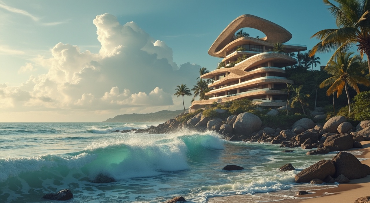 AI generated image by FLUX.1-pro: una ola de mar muy grande chocando con un edificio