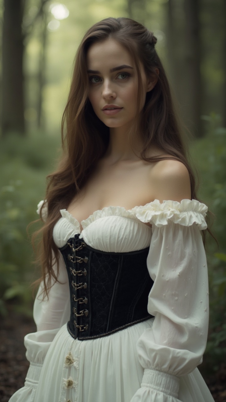 AI generated image by FLUX-Realism-Lora: Chrissy Costanza 28 years old beautiful waman, Portrait of a young woman standing in a forest. she is wearing a white dress with long sleeves and a black corset. the corset is strapless and has a sweetheart neckline. the woman has long brown hair and is looking directly at the camera with a serious expression. the background is blurred, but it appears to be a wooded area with trees and foliage. the lighting is soft and natural, creating a dreamy atmosphere.