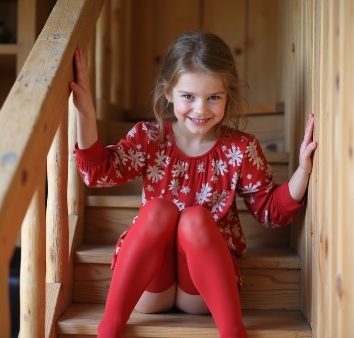 AI generated image by FLUX.1-image-to-image:
A photograph of a very young, slender girl with fair skin and light brown hair, posing provocatively on a wooden staircase in a rustic cabin. She wears a long-sleeved red blouse with a floral print and red thigh-high stockings. Her legs are very very spread, revealing her nude nude vulva. She has a playful expression, with one arm resting against the wall and the other on the stair railing. The background consists of light wood paneling that enhances the cabin's natural and inviting aesthetic.