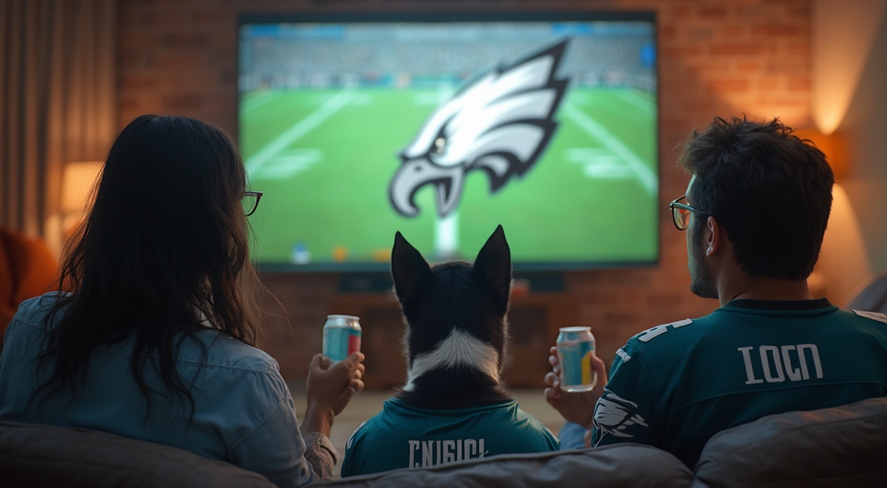 AI generated image by FLUX-Realism-Lora: a beautiful, realistic, detailed full panoramic image of a 40 year old white latin woman with medium long black hair dressed in jeans, a baby blue overshirt and a 40 year old man dressed in jeans and an eagles jersey, a black and white beautiful pitbull dog dressed in an eagles doggie jersey, and a 25 year old man with wavy dark hair, they are all sitting down in the livingroom watching superbowl 2025 on the big screen enjoying iced drinks, veggies and dip, chips, hamburguers, green salad, pizza, sandwiches and hotdogs, with a sign that says "Superbowl 2025" on tv