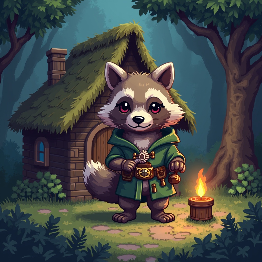 AI generated image by FLUX.1: "A whimsically adorable medieval raccoon stands on its hind legs outside a thatched alchemist’s hut nestled in a lush, pixelated forest clearing. Wearing a tiny stitched cloak fastened with a shiny button and a belt full of miniature potions, this clever little companion holds a rolled-up parchment in one paw and a glowing acorn charm in the other. Its eyes sparkle with childlike wonder and mischief, and its bushy tail twitches with excitement as if ready to dash off on a side quest.
The scene is rendered in a charming 16-bit pixel art style, rich with nostalgic CRT grain, visible scan lines, and subtle pixel bloom around magical objects and lantern light. The soft, flickering glow from a nearby torch casts long, dramatic shadows, evoking the warm, melancholic vibe of an old-school RPG — a game you remember playing long after the cartridge was lost. This raccoon isn’t just a sidekick — it’s a heart-stealing legend tucked away in the memory of every player who ever pressed ‘Start’."