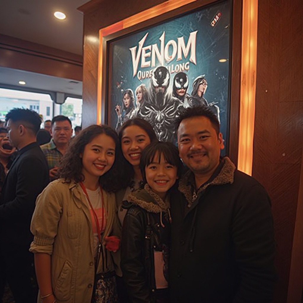 AI generated image by FLUX-Realism-Lora: " IMG_1024.HEIC " Malay family in cinema selfie with his friendship in Venom poster behind them