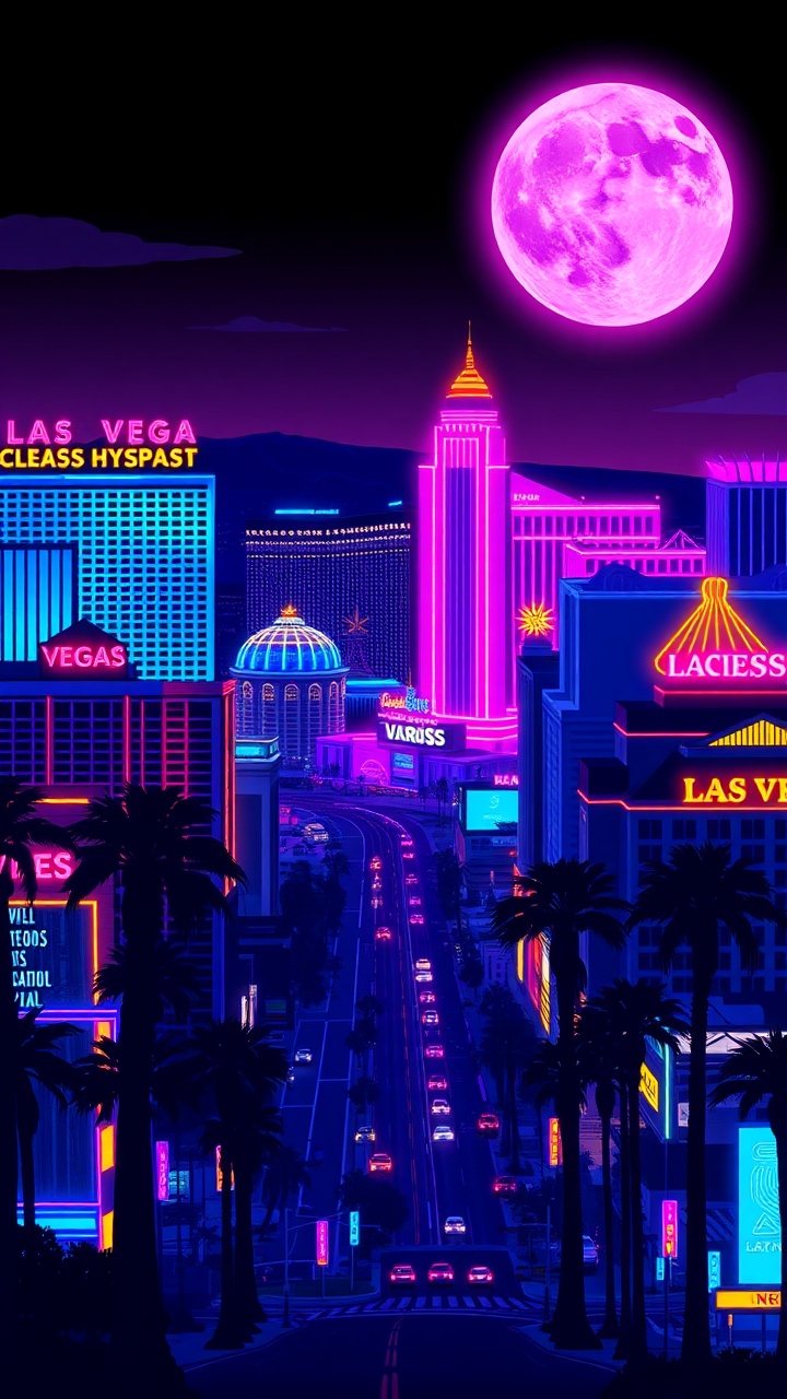 AI generated image by FLUX.1-schnell: A vibrant vector illustration of Las Vegas skyline with iconic casinos, neon signs, and palm trees, glowing neon pink, blue, and yellow accents, dark night background, retro synthwave style, 9:16 aspect ratio.