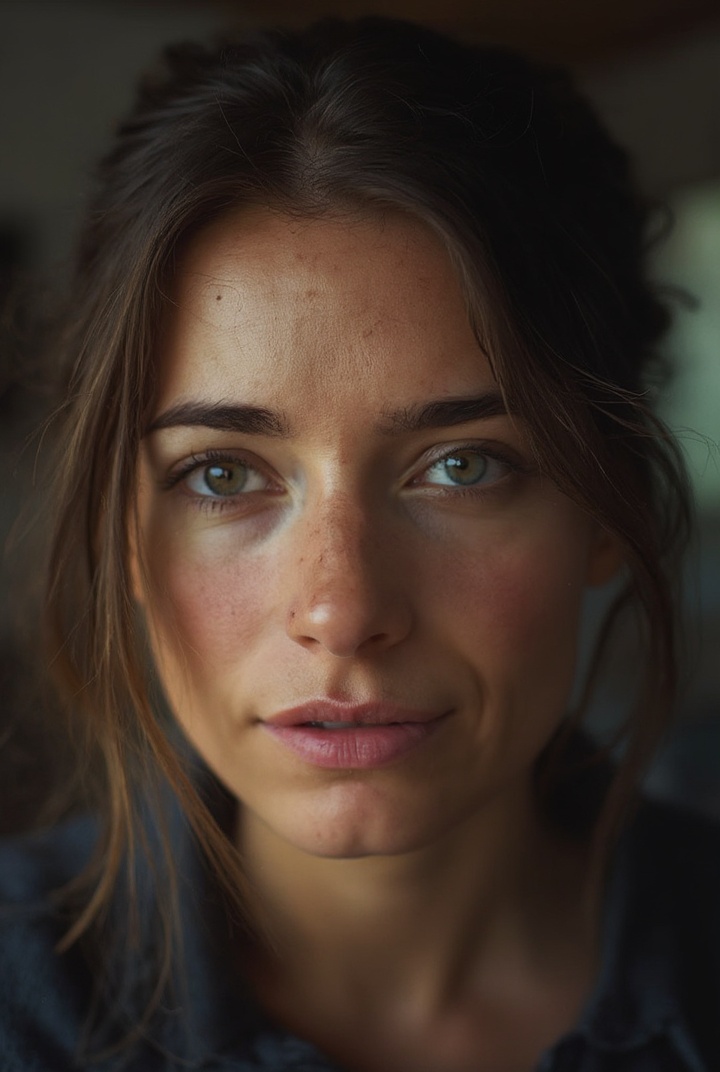 AI generated image by FLUX-Realism-Lora: Portrait photoréaliste en gros plan d’une femme roumaine de 50 ans, traits d’Europe de l’Est, visage mature et fatigué, yeux marron foncé intenses avec des pattes d’oie subtiles et une grande fatigue visible, cheveux bruns foncés grisonnants attachés en chignon lâche et désordonné avec quelques mèches tombant sur le visage, fine cicatrice pâle sur la pommette gauche, texture de peau ultra-réaliste avec rides naturelles, pores visibles et légères taches de vieillesse, teint marqué par le stress mais encore fort, aucun maquillage lourd, lèvres naturelles légèrement sèches, expression forte, déterminée et maternelle à la fois, regard direct et intense droit vers la caméra comme si elle parlait à son fils, éclairage dramatique doux et chaud venant d’en dessous comme une lampe de bureau créant des ombres légères sous les yeux et le menton, atmosphère cinématographique sombre et émotive, grain de film subtil, hyperréaliste, détails de peau et d’yeux extrêmement précis, profondeur de champ faible, photo brute –ar 2:3 –stylize 0