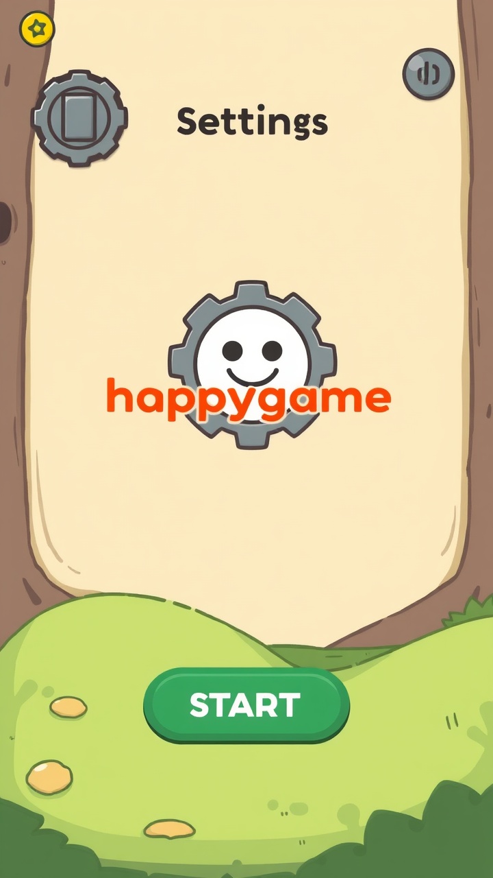 AI generated image by FLUX.1-schnell: Game ui, casual cartoon style, gear-shaped settings button in the upper left corner, and the game logo (happygame) is in the middle, the start button is at the top of the bottom of the screen