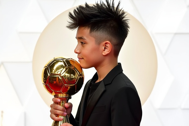 AI generated image by FLUX.1-image-to-image: This Ballon d'Or is being held by a 16-year-old boy, 170 cm tall, with black spiky hair, in his right hand at a ceremony, wearing a black suit.