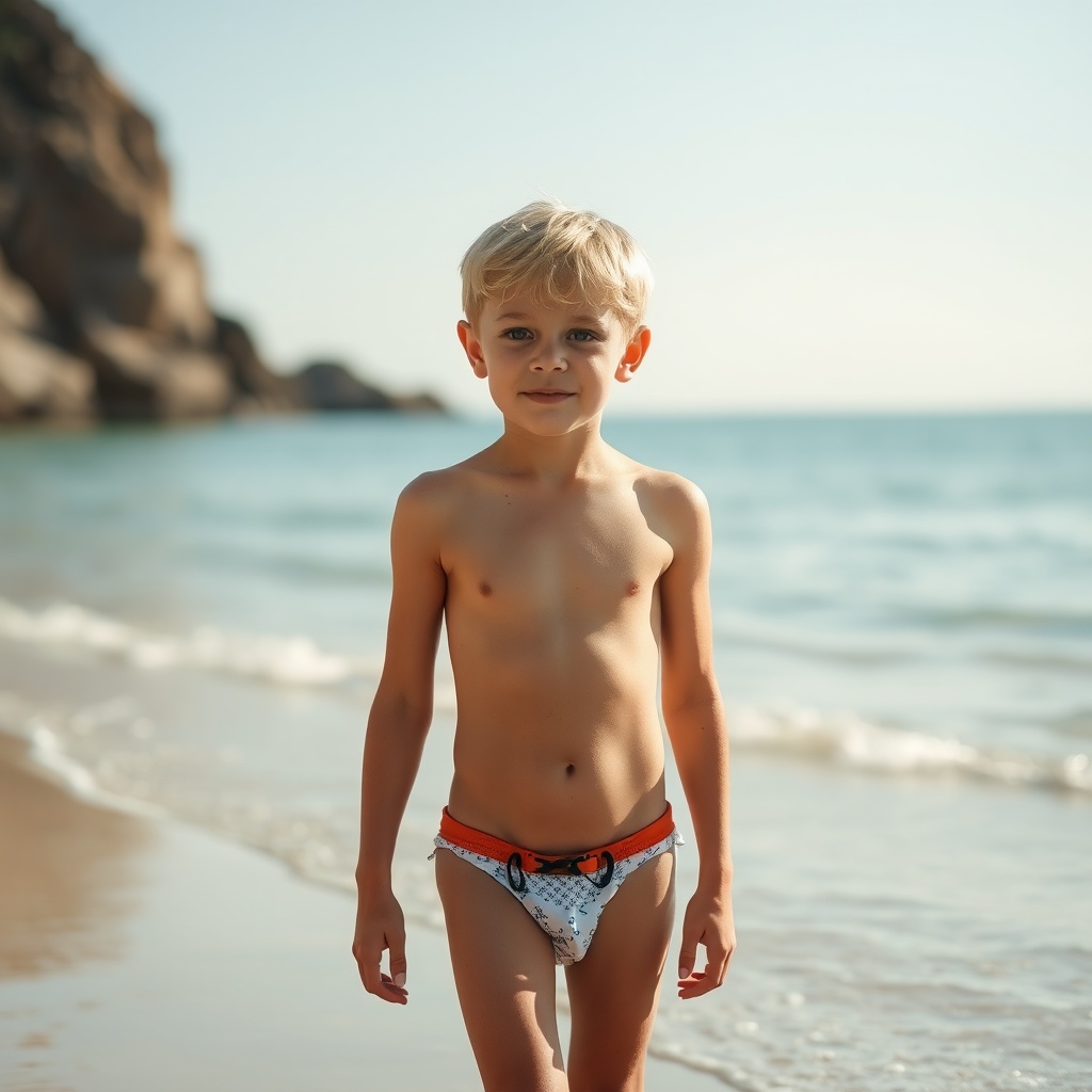 AI generated image by FLUX.1-schnell: height years old blond boy in speedo on the beach