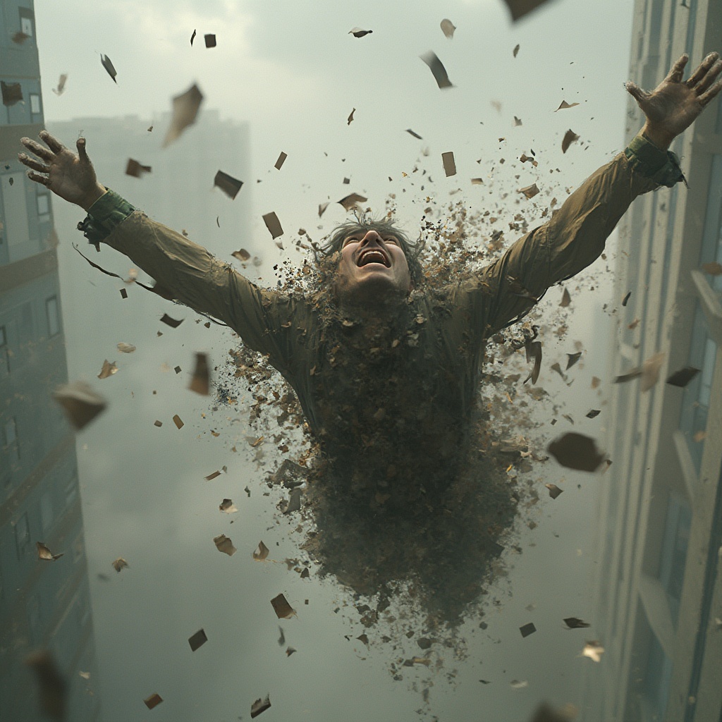 AI generated image by FLUX-Realism-Lora: A man is being ripped to shreds by air. All bits going each way. Very disturbing.