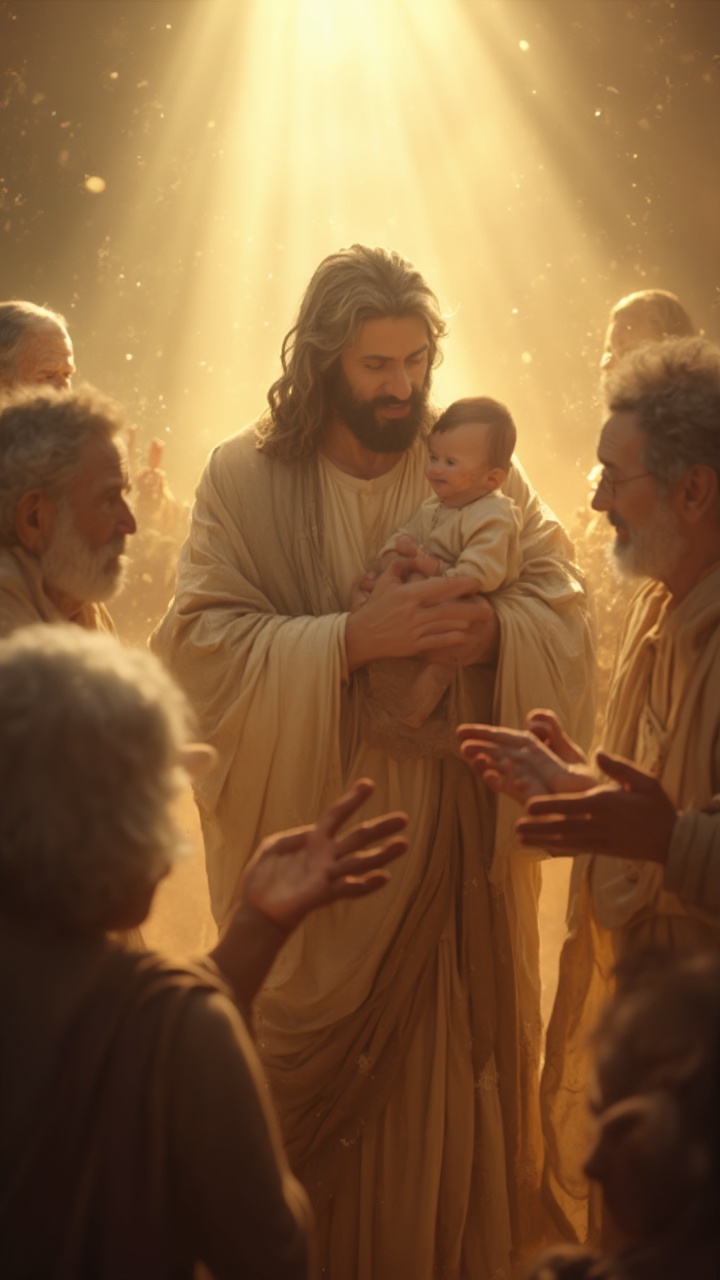 AI generated image by FLUX-Realism-Lora: In a 9:16 frame, Jesus stands in a divine, glowing light, holding an infant with an expression of deep compassion and warmth. His gaze is tender, his smile filled with kindness, instantly drawing viewers into his profound presence. Surrounding him are elderly figures with weathered faces, their eyes reflecting lifetimes of wisdom and faith as they reach out towards Jesus with reverent admiration and gratitude. The scene is suffused in soft, golden light from above, creating a tranquil, sacred atmosphere as rays of light illuminate every detail with ultra-realistic precision. The elderly individuals around him extend their hands toward Jesus, their expressions filled with reverence, hope, and a longing for his divine comfort. Jesus’ robe flows gracefully, with each fold and shadow meticulously detailed, creating a sense of movement and depth. The camera gently pulls back in ultra-smooth motion, capturing the intricate details of each face, wrinkle, and gentle smile, emphasizing the serene connection between Jesus and these devoted elders. Filmed in IMAX quality, this scene radiates extreme photorealism, evoking emotions of faith, peace, and unwavering trust in the divine.