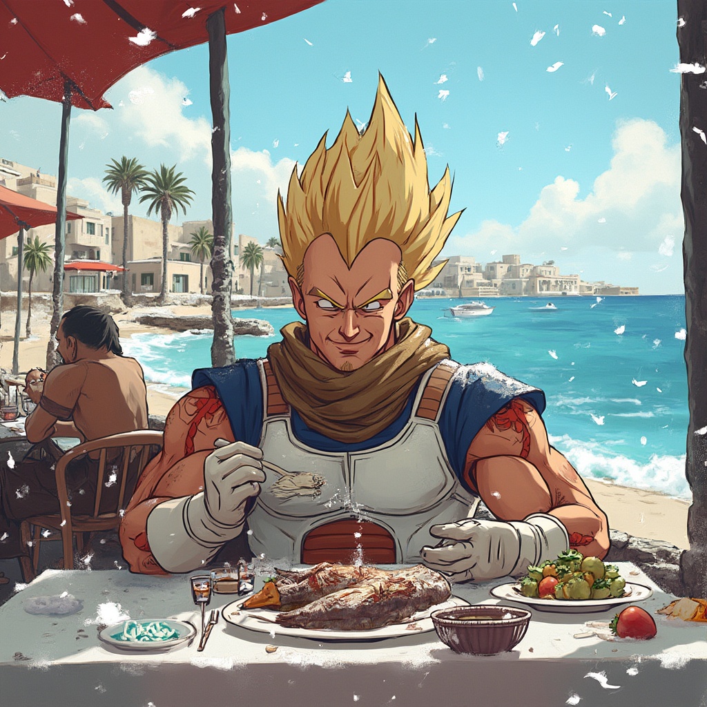 AI generated image by FLUX-Realism-Lora: Illustrate Vegeta from Dragon Ball Z on the island of Djerba. He’s sitting at an outdoor table by the sea, enjoying a grilled sea bass with a delighted expression. Snow falls gently around him, creating an unusual winter scene on this typically warm island. Vegeta wears his classic Saiyan armor with a festive twist—perhaps a traditional Djerba-style scarf or hat. Nearby, he’s getting up to dance with locals, moving to lively traditional Djerbian folk music, with his serious yet awkward expression adding humor to the scene. The background shows a mix of Djerba’s iconic architecture and palm trees dusted with snow.