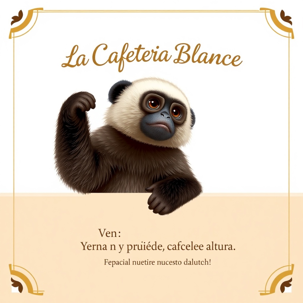 AI generated image by FLUX.1-schnell: 2. Plantilla para Instagram (1080x1080 píxeles, cuadrada)
*"Crea una plantilla para redes sociales con:
Fondo blanco (#FFFFFF) y borde beige claro (#F5F5DC) de 10 píxeles.
Nombre 'La Cafetería Blanca' en dorado (#D4AF37) con línea decorativa dorada debajo.
Espacio central con una imagen realista de un producto destacado (ej. un capuchino con arte latte o un postre, integrado de forma natural, sin cuadraditos).
Área inferior con fondo beige claro (#F5F5DC) semitransparente y texto promocional (ej. '¡Ven y prueba nuestro café de altura!') en negro (#000000).
Iconos minimalistas de taza de café y hoja de planta en dorado (#D4AF37) en las esquinas inferiores.
Las imágenes deben ser fotorealistas, con estilo profesional y buena iluminación."*