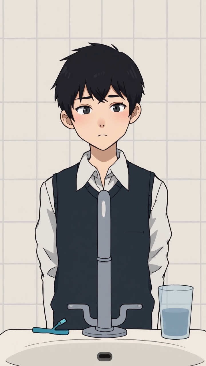 AI generated image by FLUX.1-schnell: Omocat's omori game artstyle, The image depicts a young person standing behind a bathroom sink facing the camera, their expression somber. Faucet faces the young person. Their dark hair is neatly styled, and they are dressed in a white shirt with a dark vest. The tiled walls behind them are plain and featureless, creating a sense of isolation. The only other elements in the scene are a toothbrush and a glass on the counter, suggesting a routine that the individual may find difficult to engage in. The overall mood of the image is melancholic, hinting at a sense of loneliness or sadness. The subdued colors and minimalist composition further contribute to the somber atmosphere. The image leaves room for interpretation, inviting viewers to consider the inner thoughts and feelings of the subject.