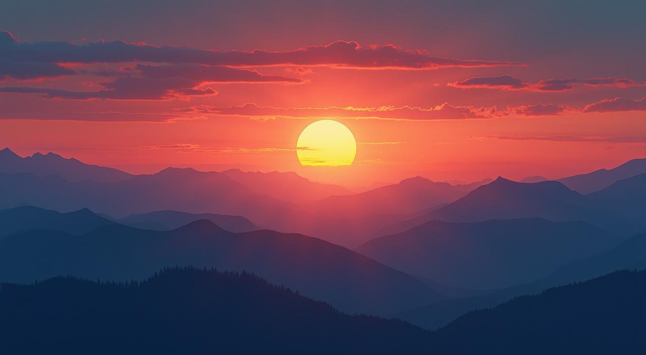 AI generated image by FLUX.1-pro: Depict the scene at dusk, where the orange - red sun is slowly descending. Its intense orange - red rays, resembling golden filaments, softly illuminate the deep - blue expanse of the sky. In the distant view, a series of undulating and layered mountains unfolds. The mountain ridges, exquisitely crafted, are adorned with a golden edge by the afterglow of the setting sun. Render this in an ancient - style, using atmospheric perspective to create a pronounced sense of spatial depth. --ar 16:9